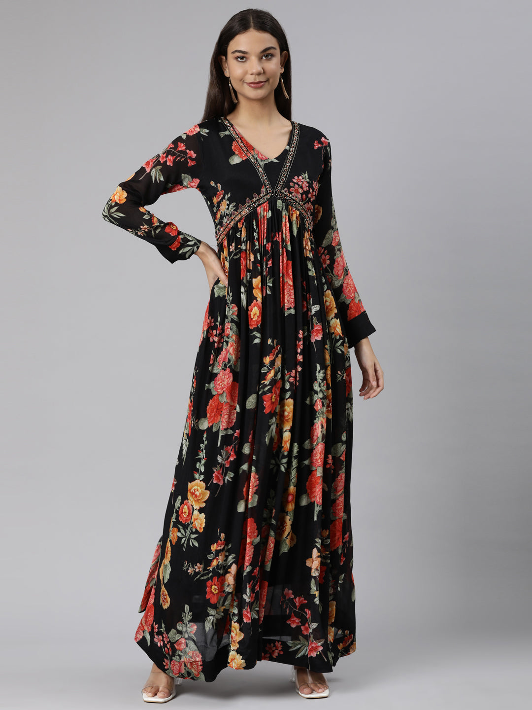 Neerus Black floral printed flared dress - front view