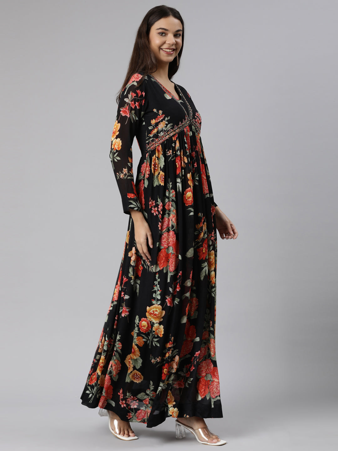 Neerus Black floral printed flared dress - back view
