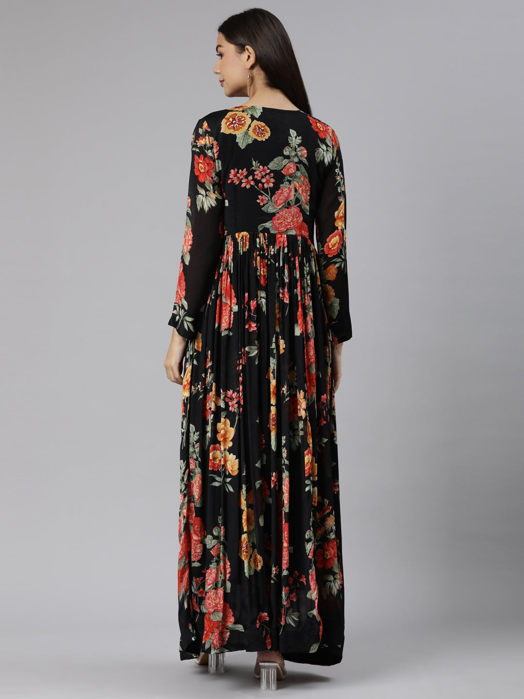 Neerus Black floral printed flared dress - side view
