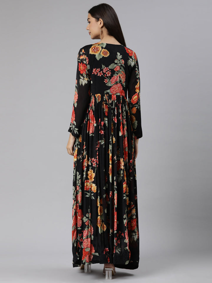Neerus Black floral printed flared dress - side view