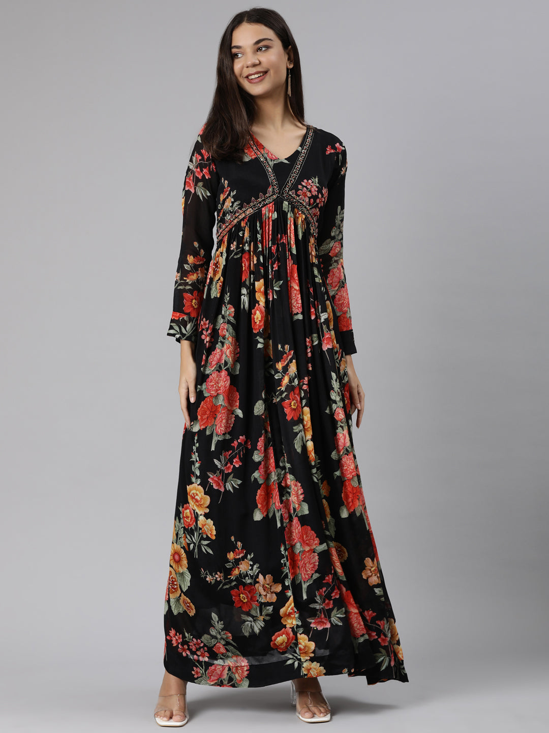 Neerus Black floral printed flared dress - detail view 2