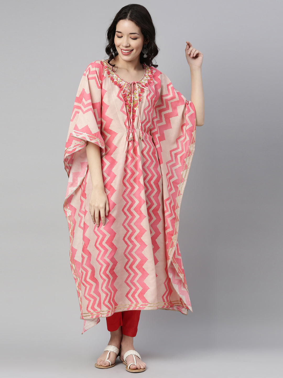 Neerus Pink modal printed kaftan kurti - detail view 3