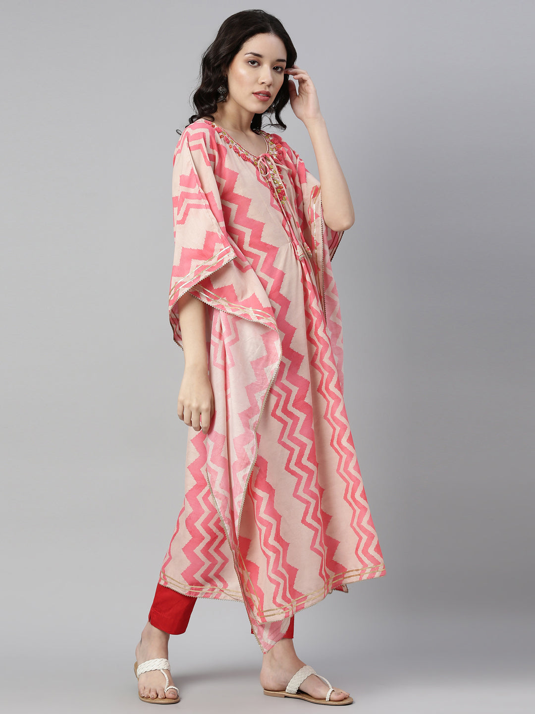 Neerus Pink modal printed kaftan kurti - front view