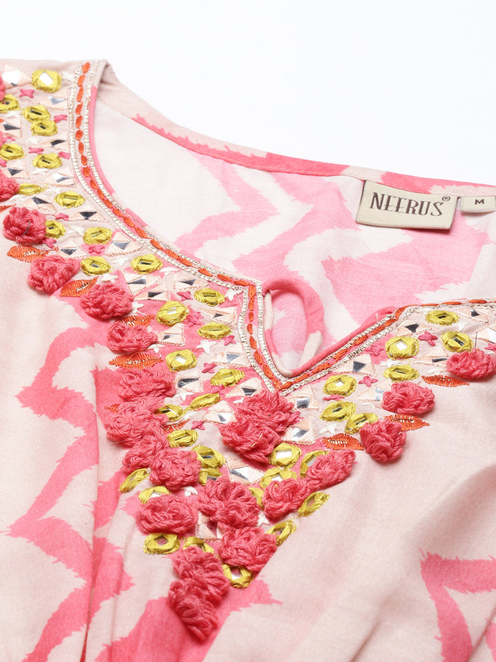 Neerus Pink modal printed kaftan kurti - detail view 2