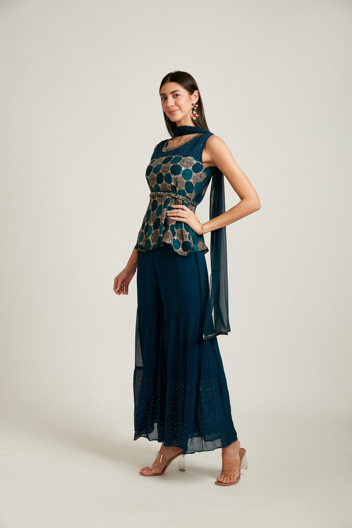 Neerus Blue georgette embroidered suit set - front view