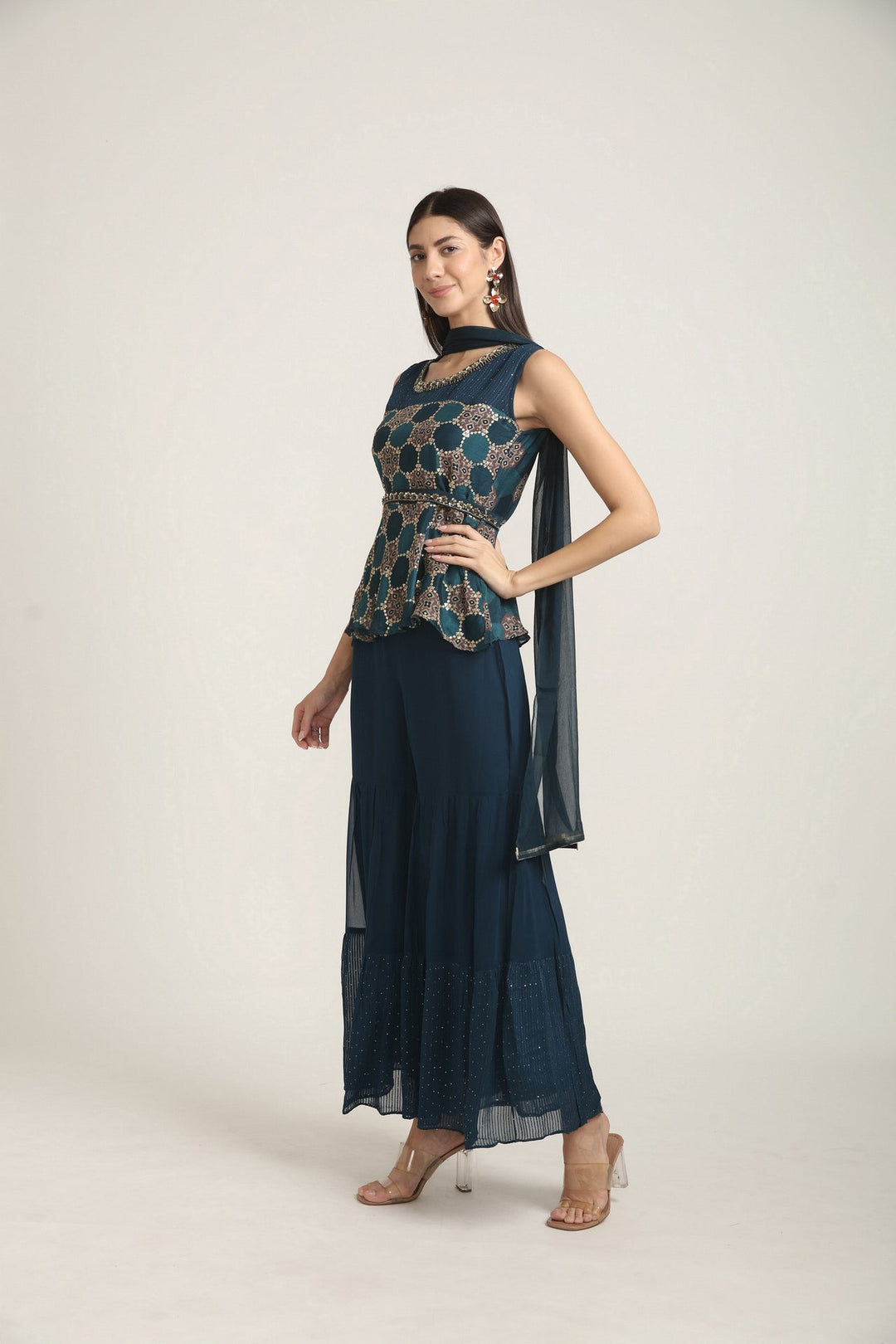 Neerus Blue georgette embroidered suit set - back view
