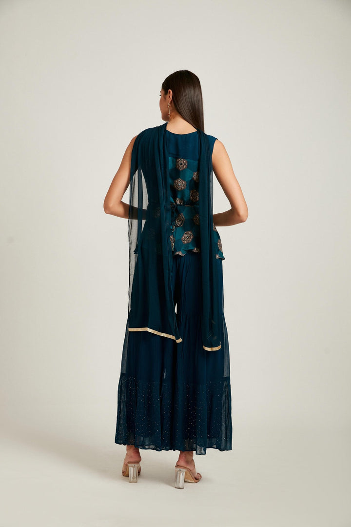 Neerus Blue georgette embroidered suit set - side view
