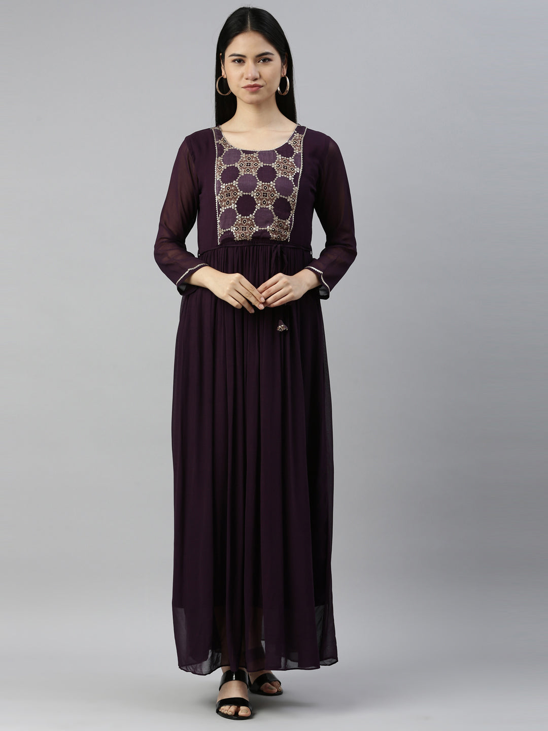 Neerus Purple georgette straight kurti - front view