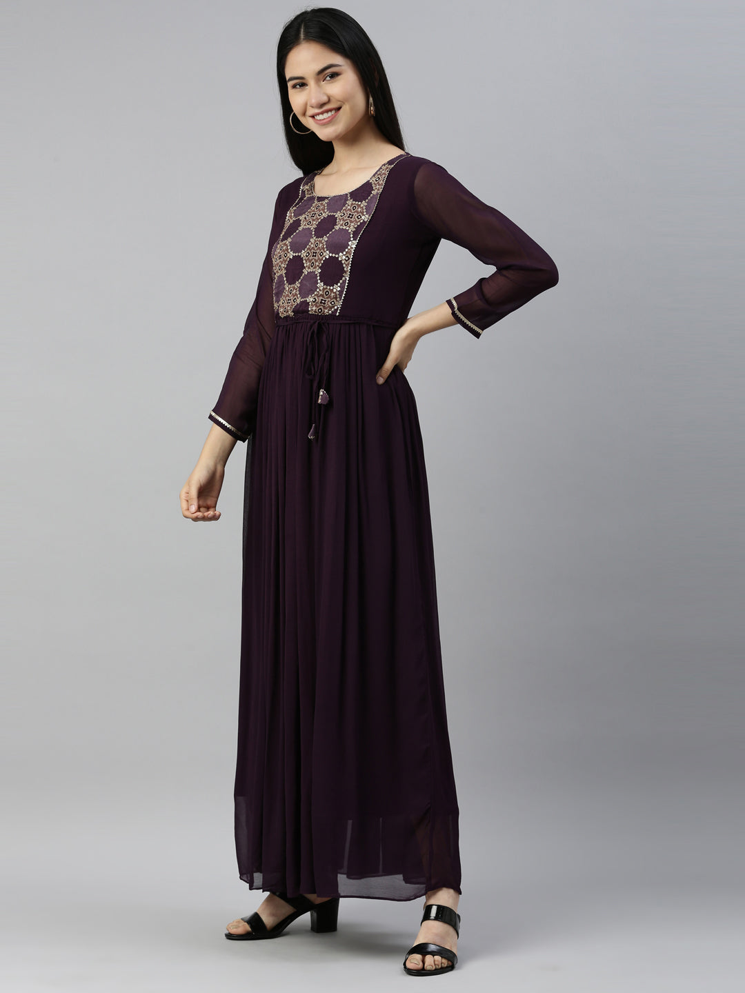 Neerus Purple georgette straight kurti - back view