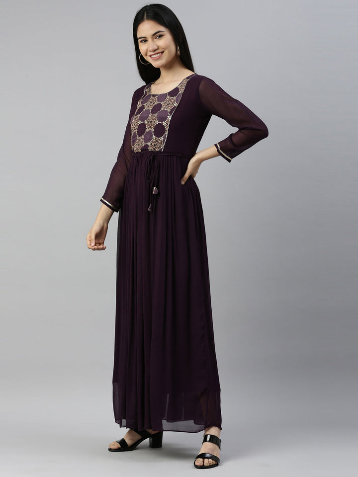 Neerus Purple georgette straight kurti - back view