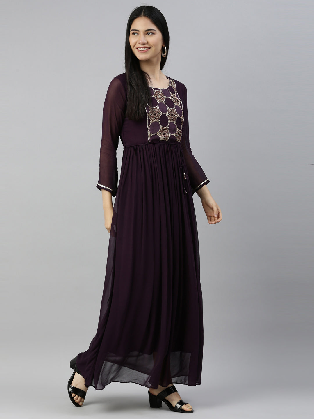 Neerus Purple georgette straight kurti - detail view 2