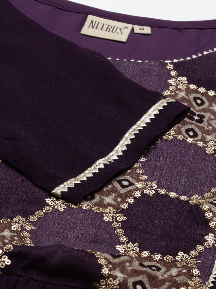 Neerus Purple georgette straight kurti - detail view 3