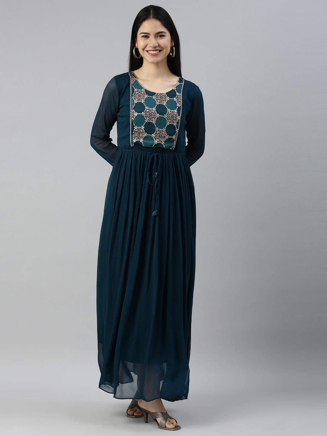 Neerus Green georgette solid kurti - front view