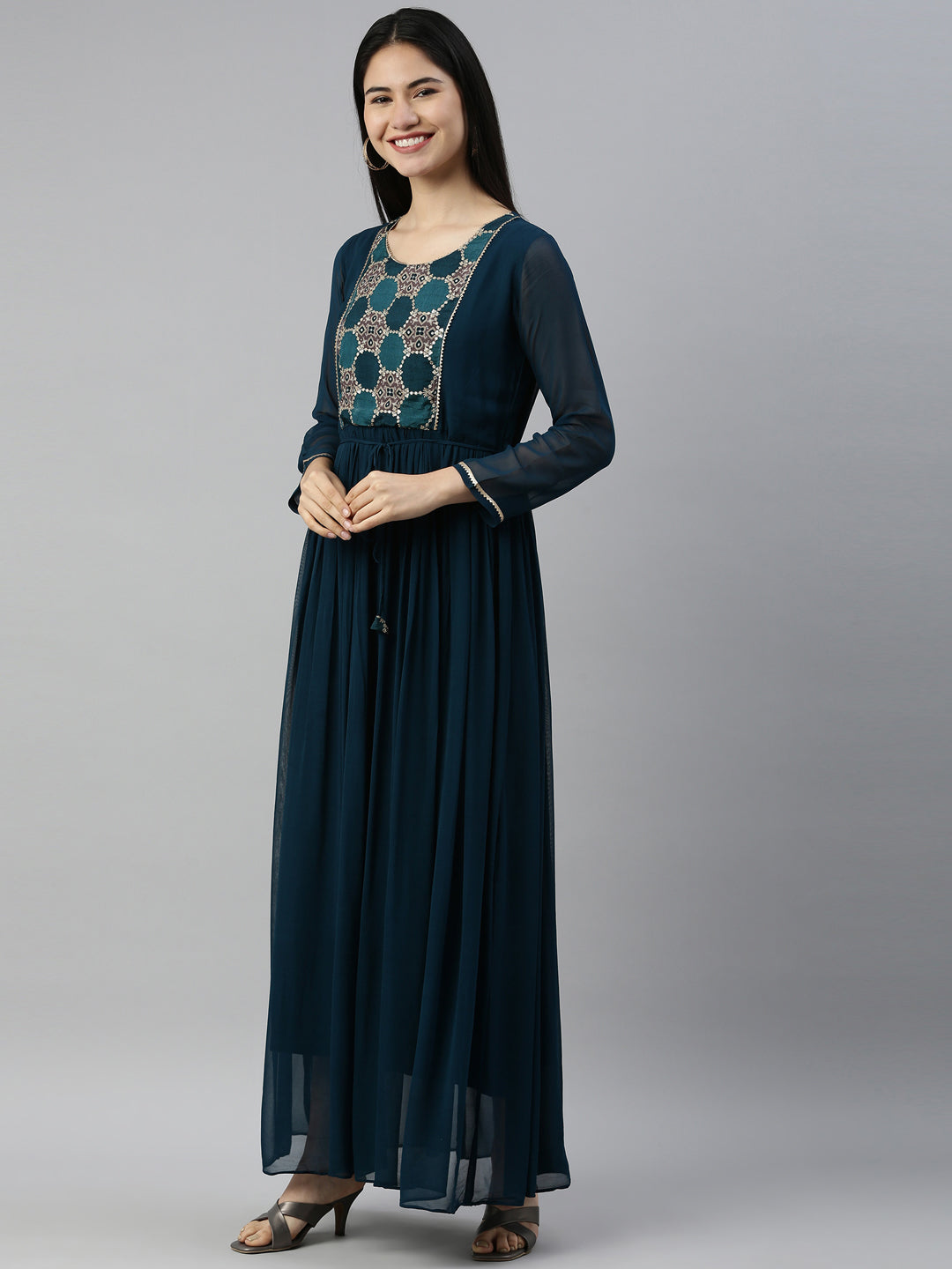 Neerus Green georgette solid kurti - back view