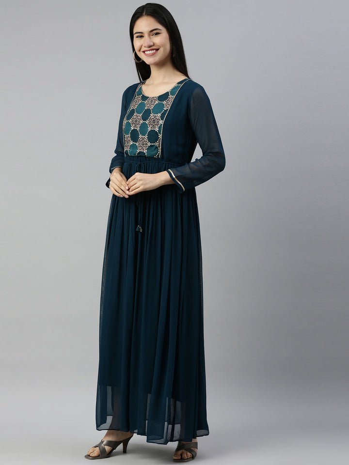 Neerus Green georgette solid kurti - back view