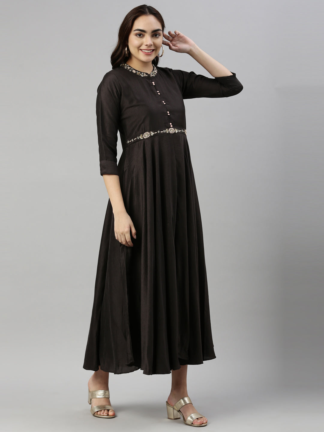 Neerus Black silk kurta for women - detail view 1