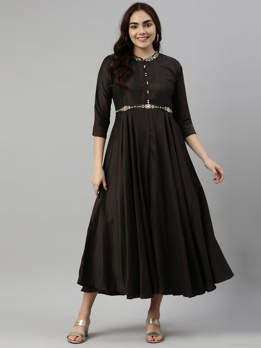 Neerus Black silk kurta for women - detail view 3