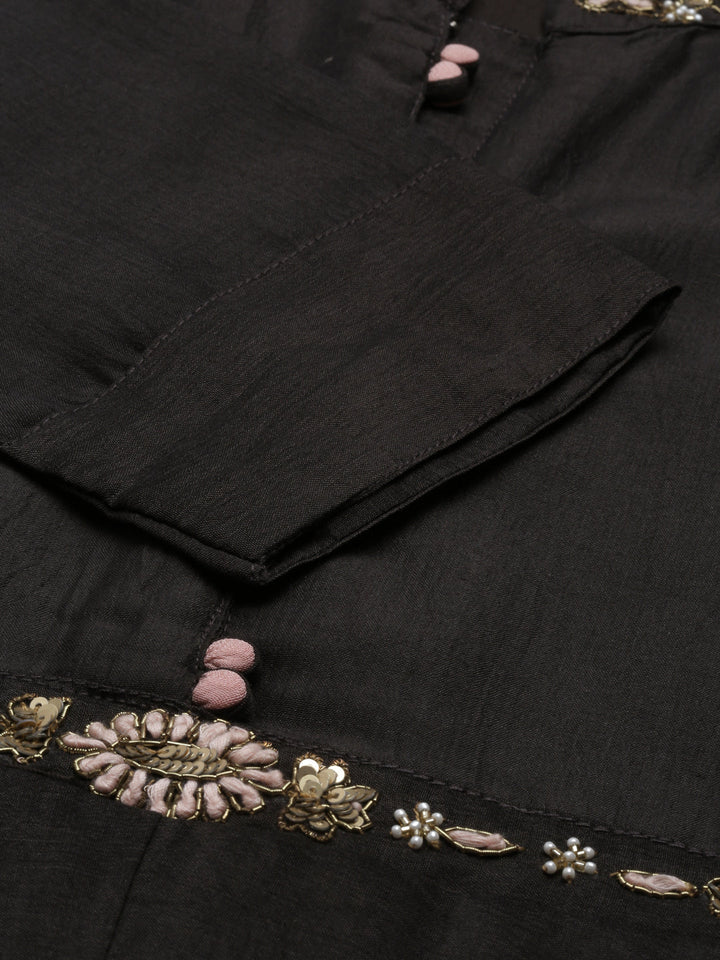 Neerus Black silk kurta for women - detail view 4