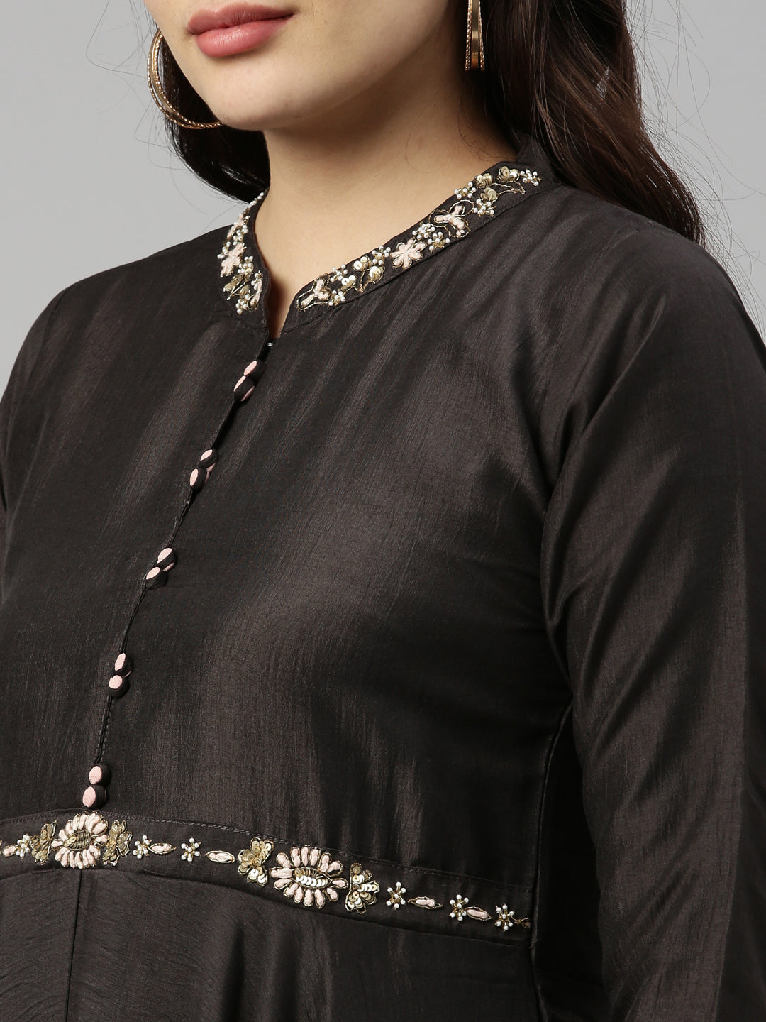Neerus Black silk kurta for women - detail view 5