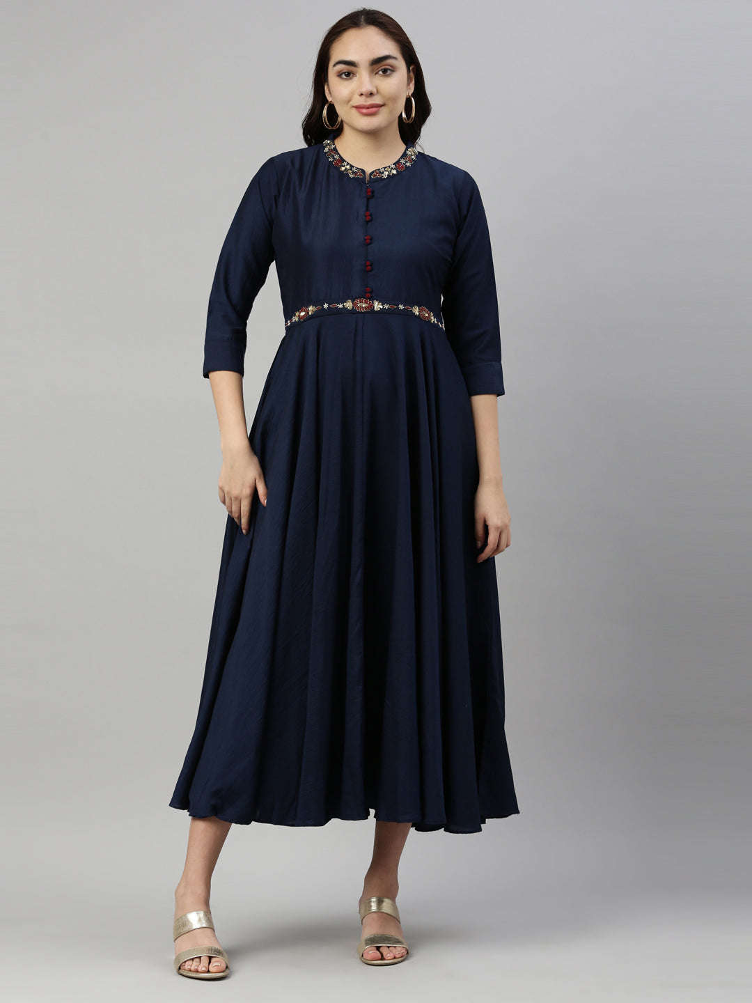 Neerus Blue silk solid kurta - front view