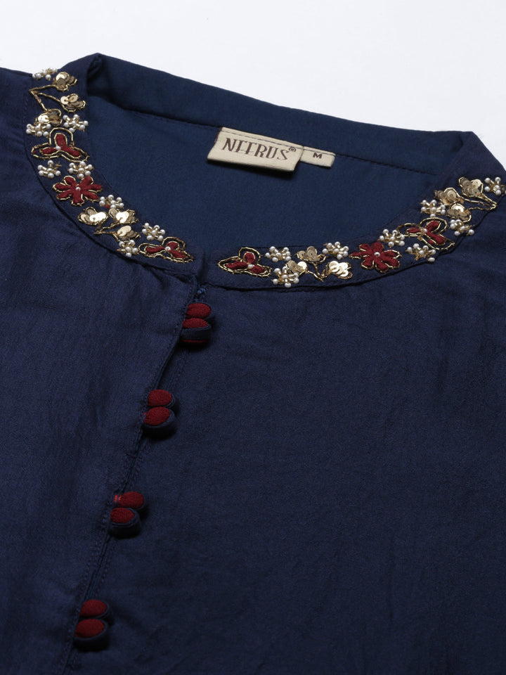 Neerus Blue silk solid kurta - back view