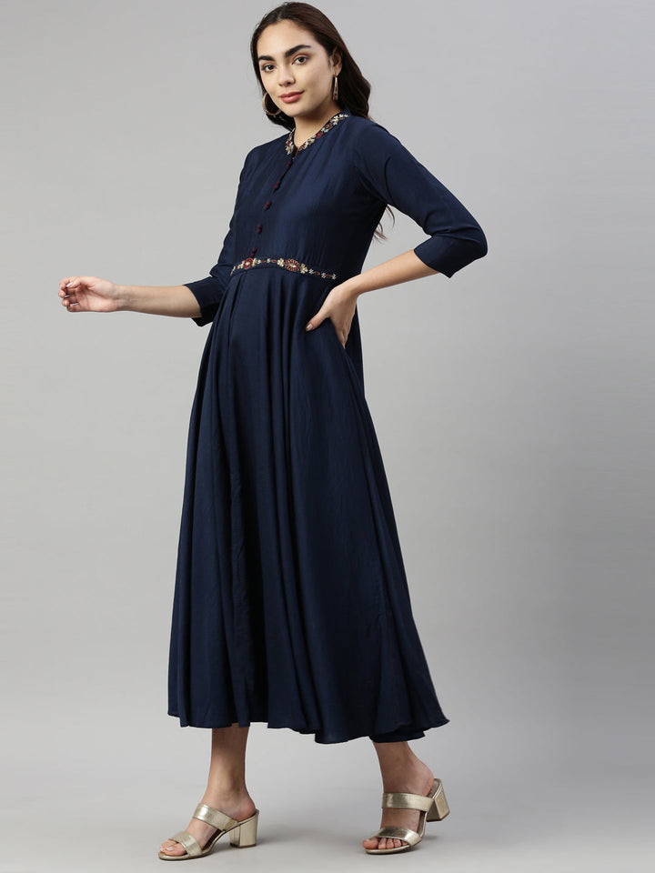 Neerus Blue silk solid kurta - side view
