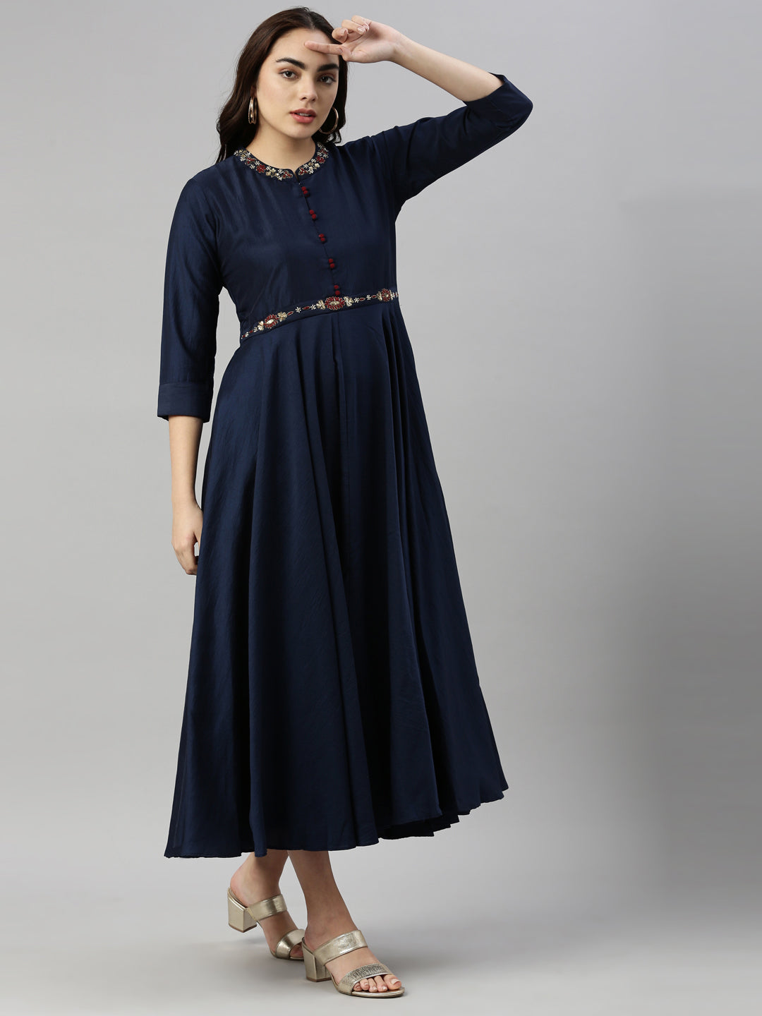 Neerus Blue silk solid kurta - detail view 1