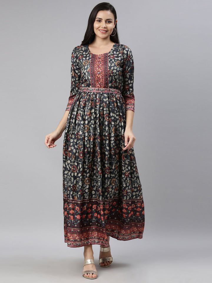 Neerus Grey modal printed kurti - front view