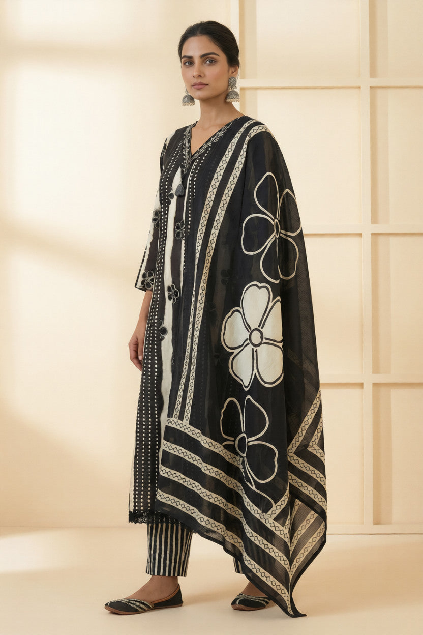 Neerus Black cotton hand embroidered suit set - back view