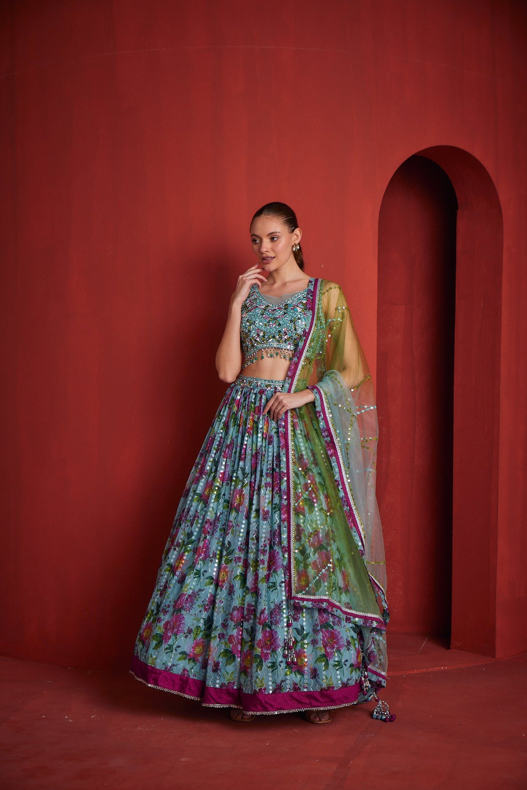 Neerus Green georgette embroidered lehenga - front view