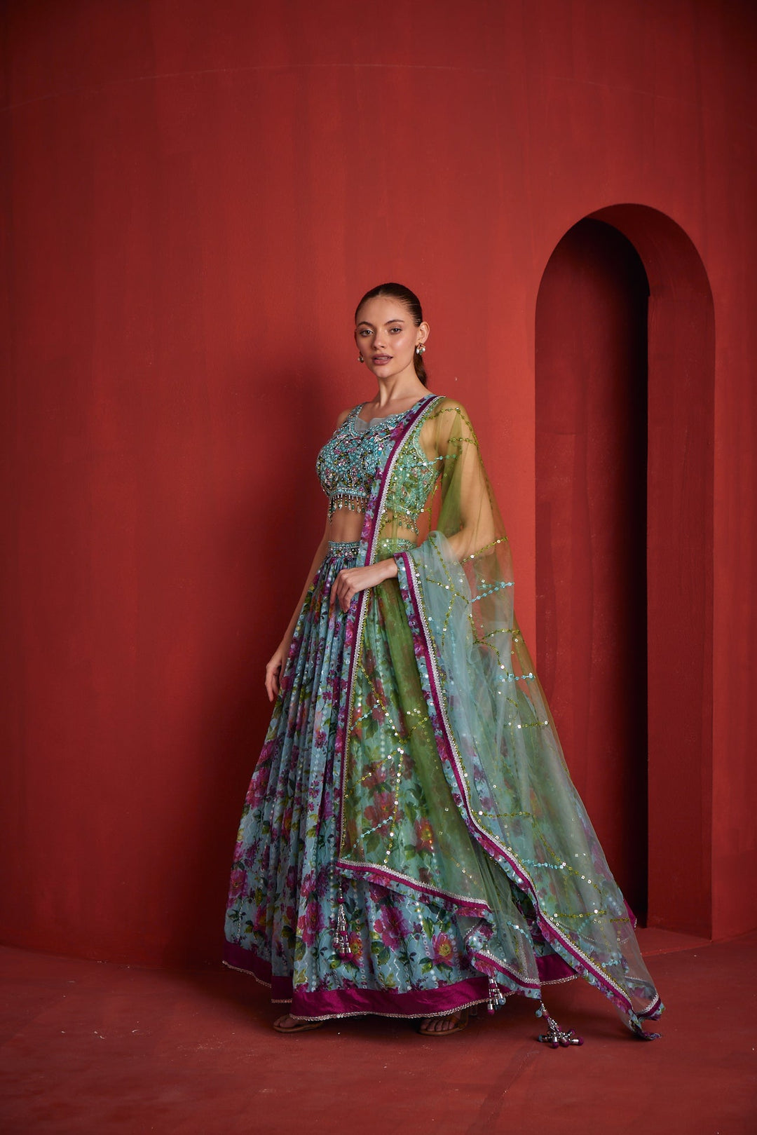 Neerus Green georgette embroidered lehenga - side view