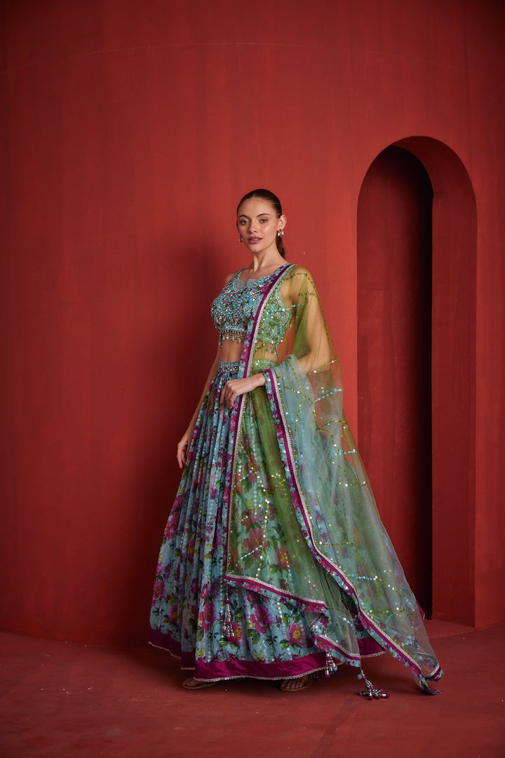 Neerus Green georgette embroidered lehenga - side view