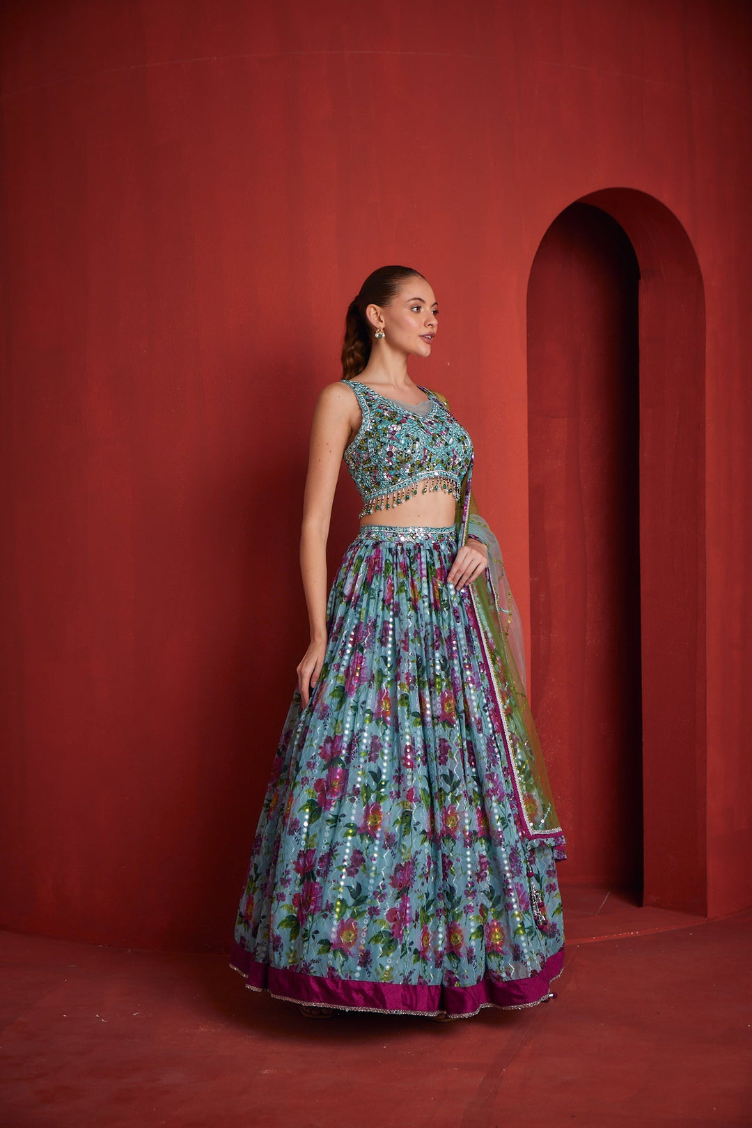 Neerus Green georgette embroidered lehenga - detail view 1
