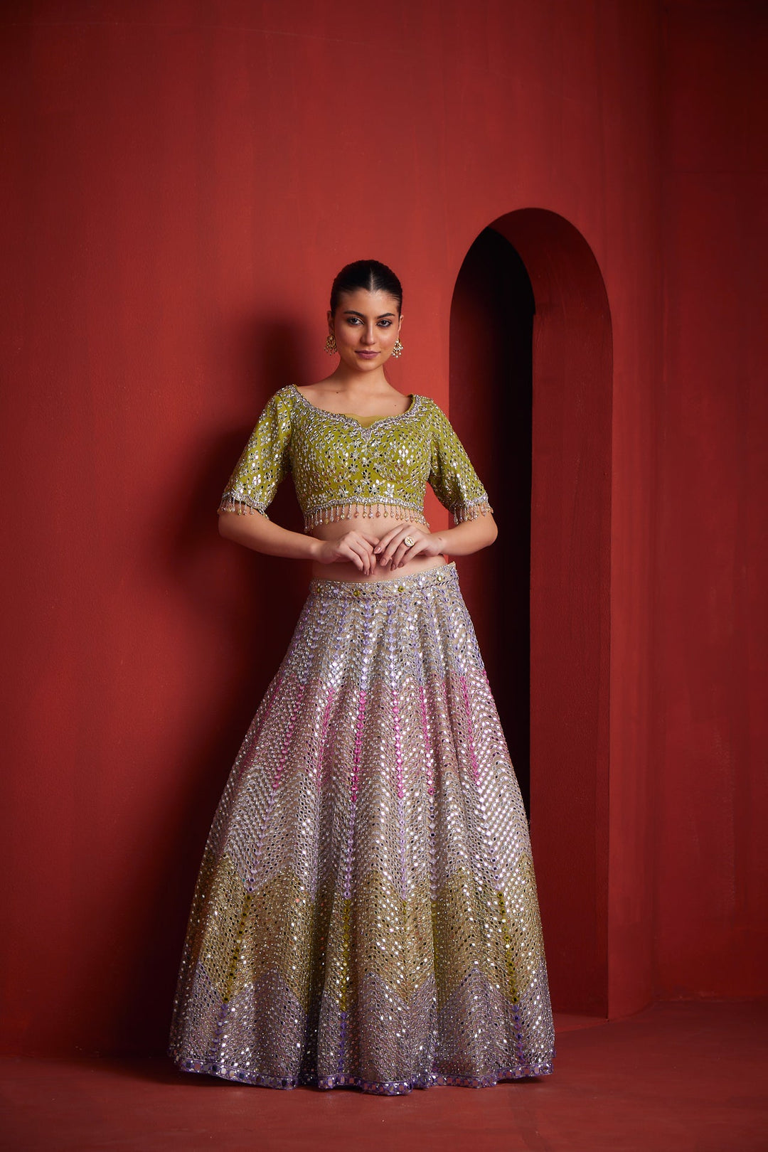 Neerus Green silk embroidered lehenga set - front view
