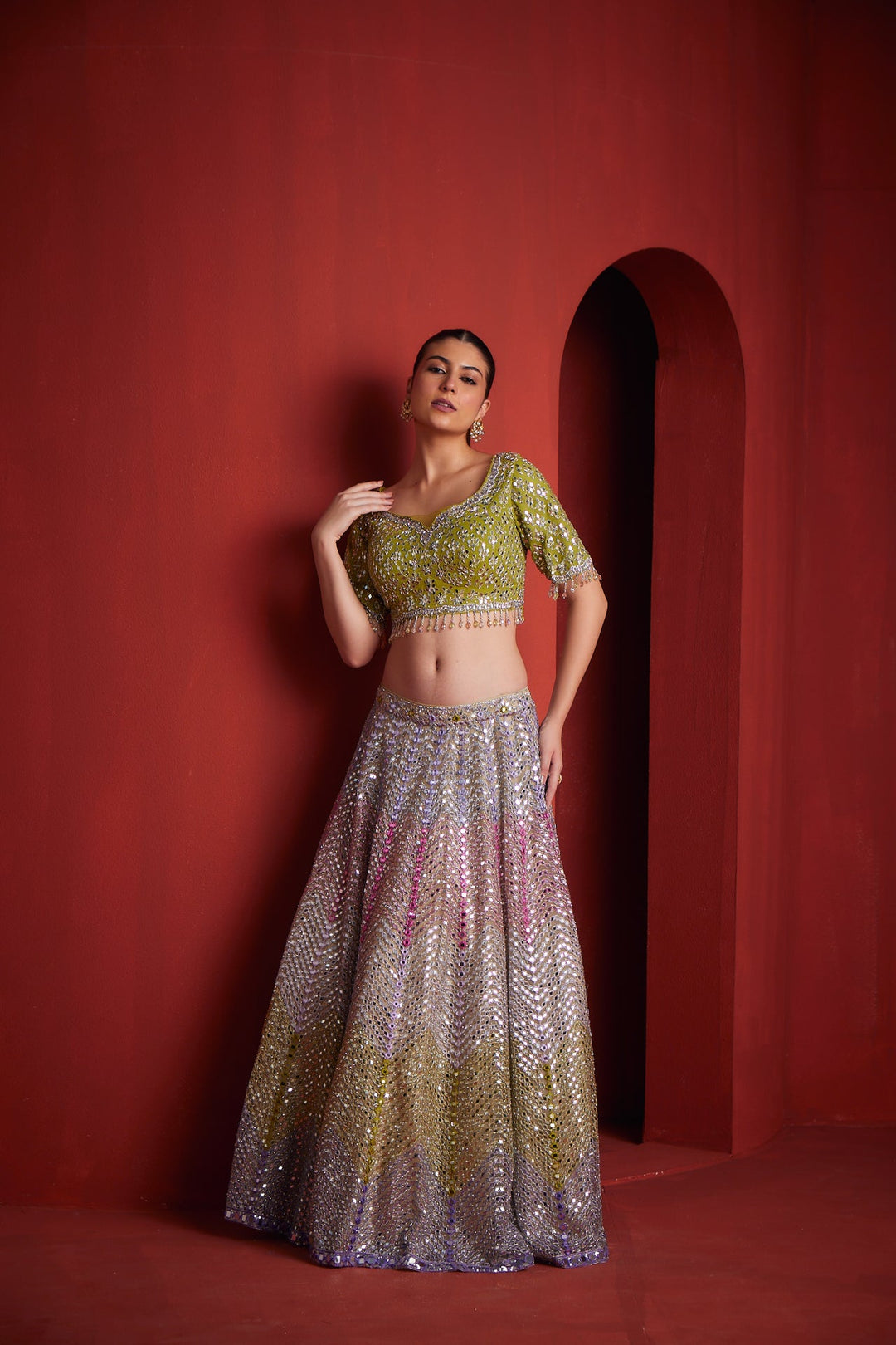 Neerus Green silk embroidered lehenga set - back view