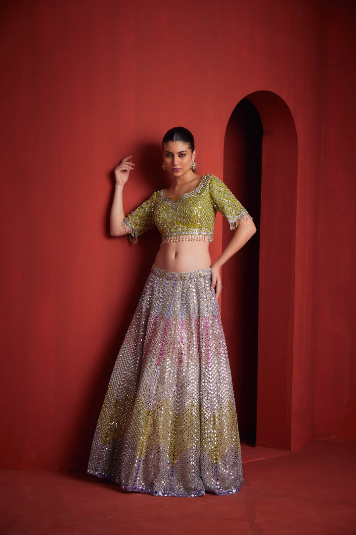 Neerus Green silk embroidered lehenga set - side view