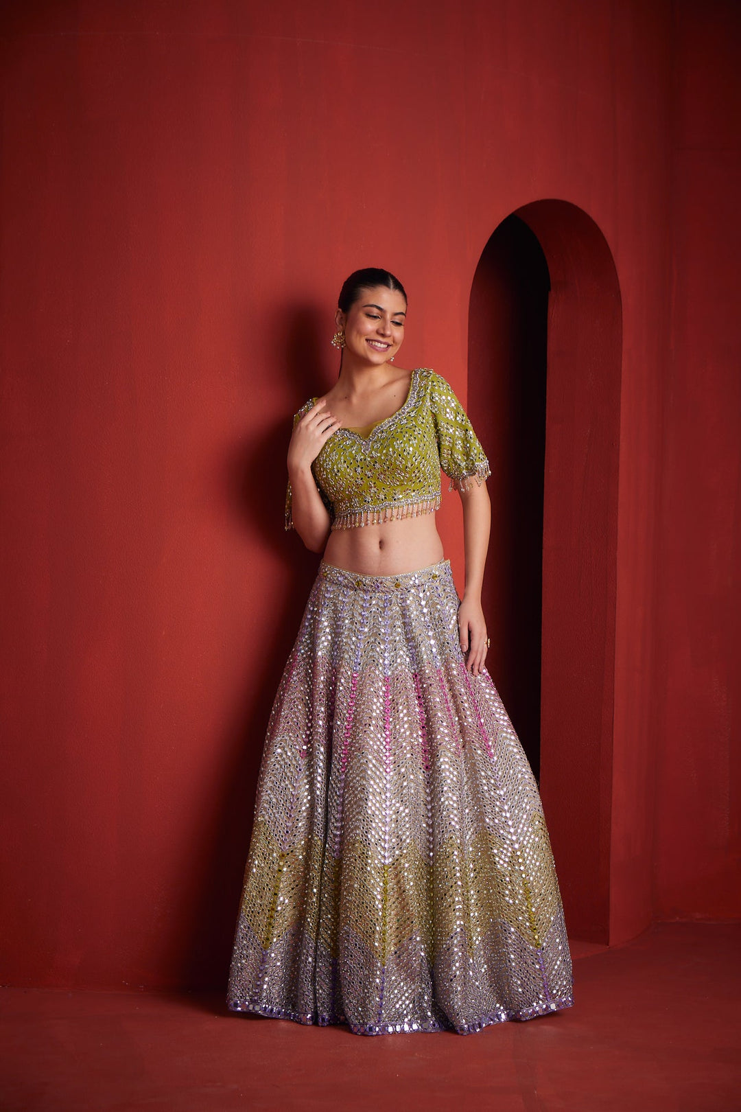 Neerus Green silk embroidered lehenga set - detail view 1