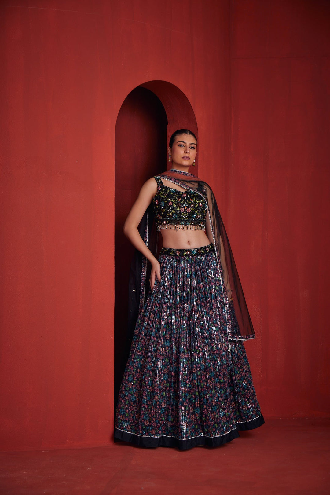 Neerus Black silk embroidered lehenga set - front view