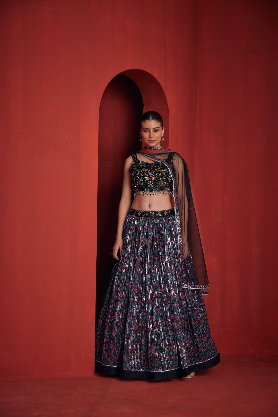 Neerus Black silk embroidered lehenga set - back view