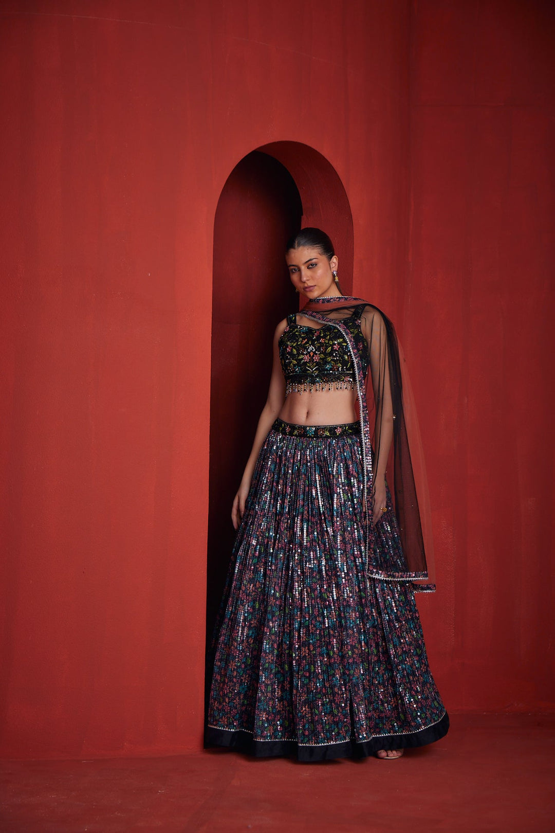 Neerus Black silk embroidered lehenga set - side view