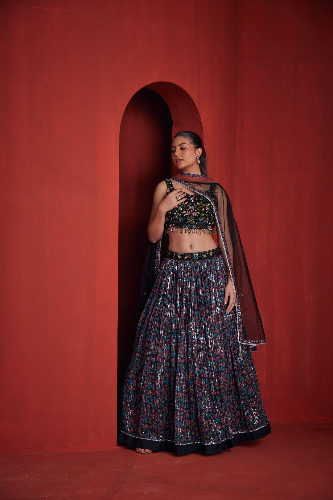 Neerus Black silk embroidered lehenga set - detail view 1