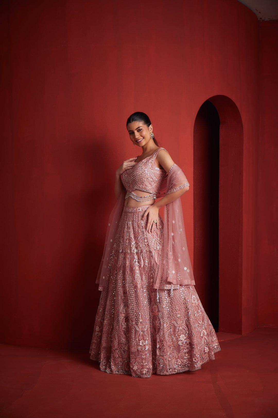 Neerus Pink silk embroidered lehenga set - front view