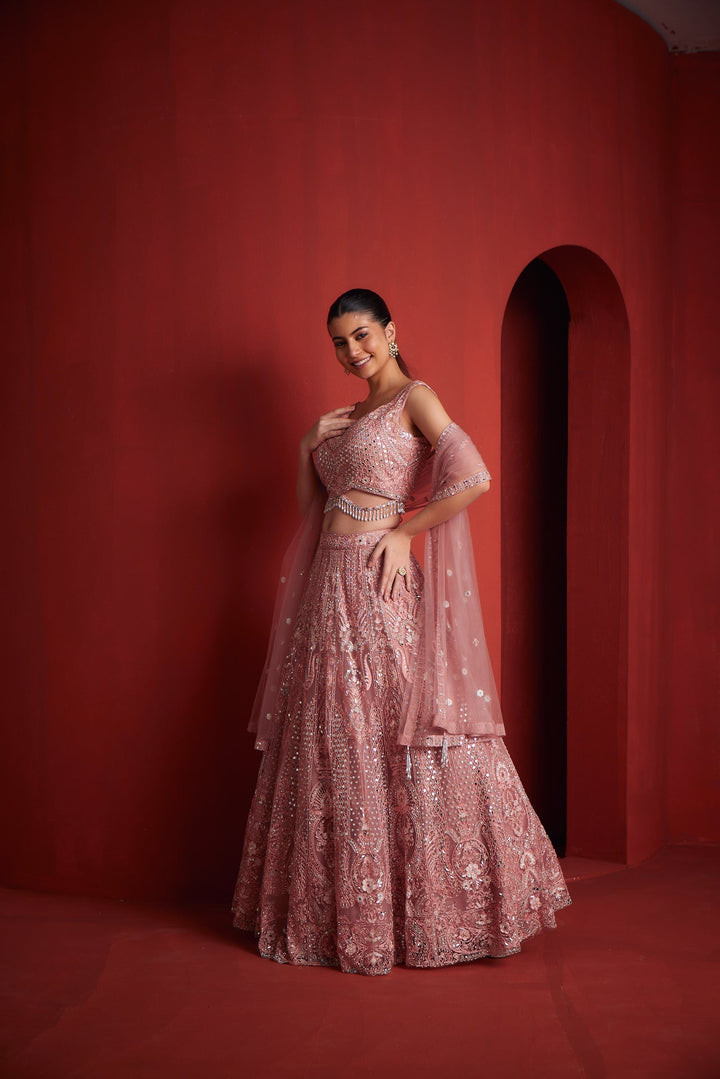Neerus Pink silk embroidered lehenga set - front view