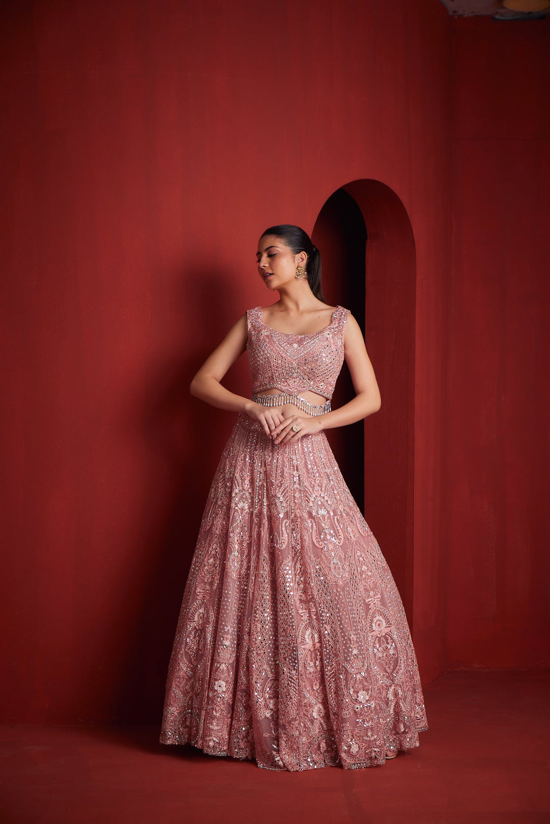 Neerus Pink silk embroidered lehenga set - back view