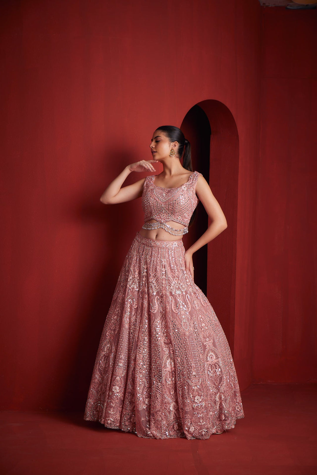 Neerus Pink silk embroidered lehenga set - side view