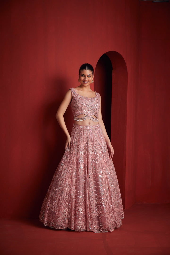 Neerus Pink silk embroidered lehenga set - detail view 1