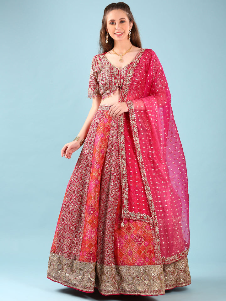 Rani Pink Banaras Silk Digital Print With Embroidery Ghagra Set
