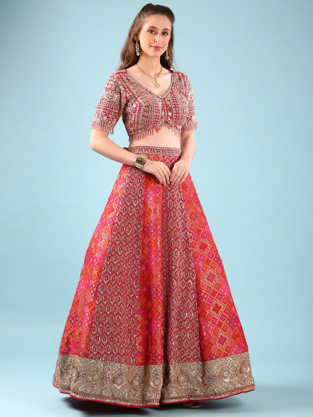 Neerus Pink Banarasi embroidered lehenga set - back view