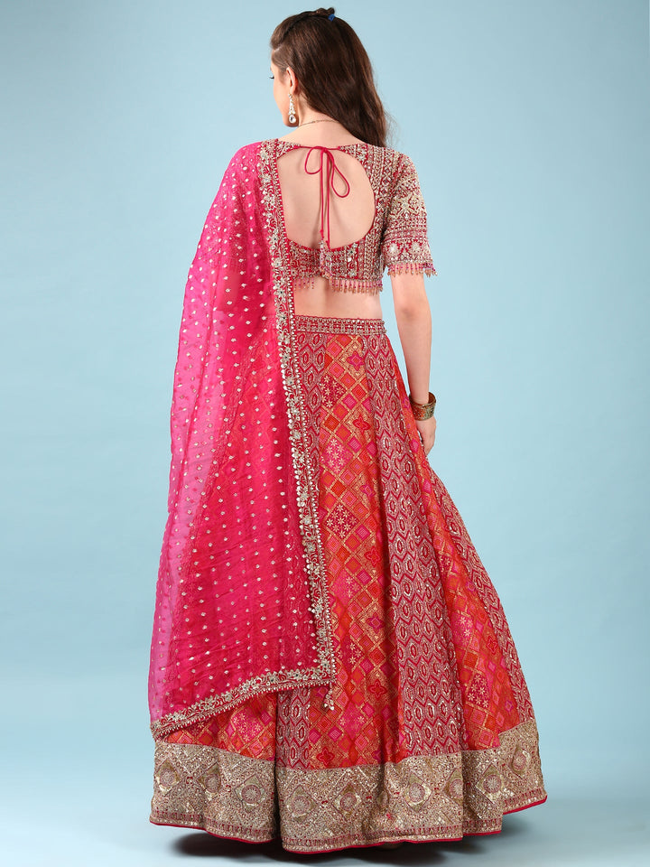 Rani Pink Banaras Silk Digital Print With Embroidery Ghagra Set