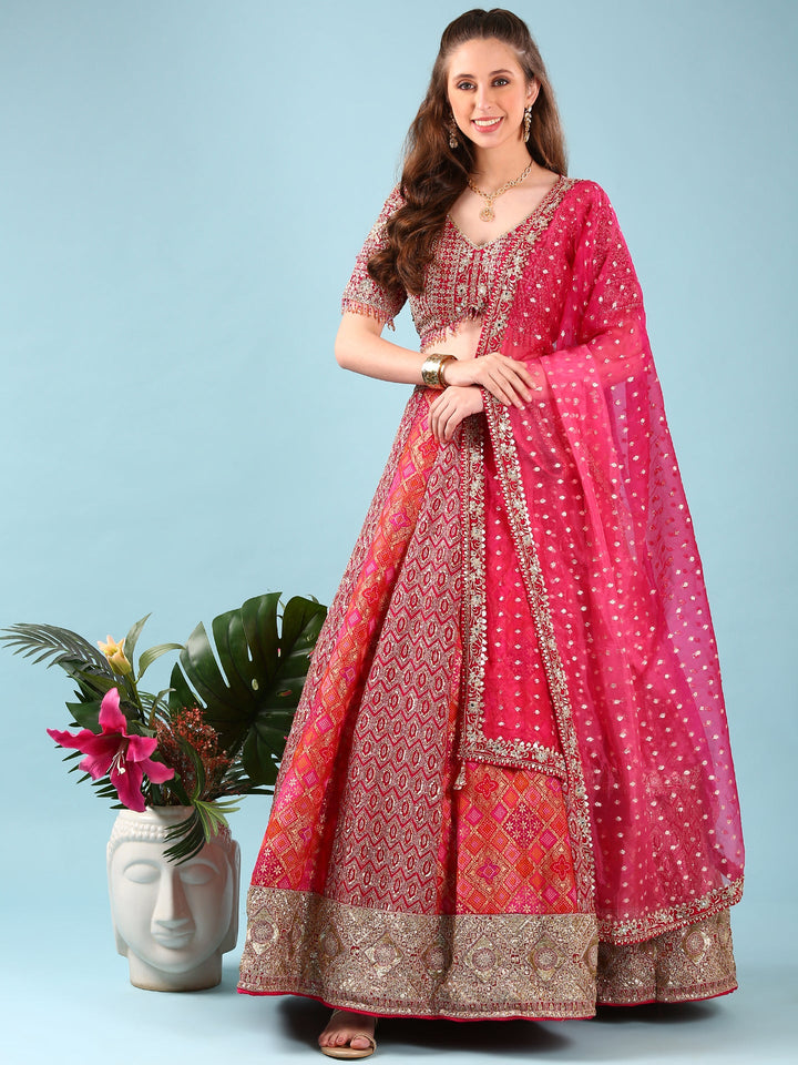Rani Pink Banaras Silk Digital Print With Embroidery Ghagra Set